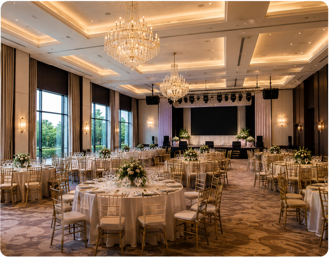 Grand ballroom with crystal chandeliers and elegantly set banquet tables