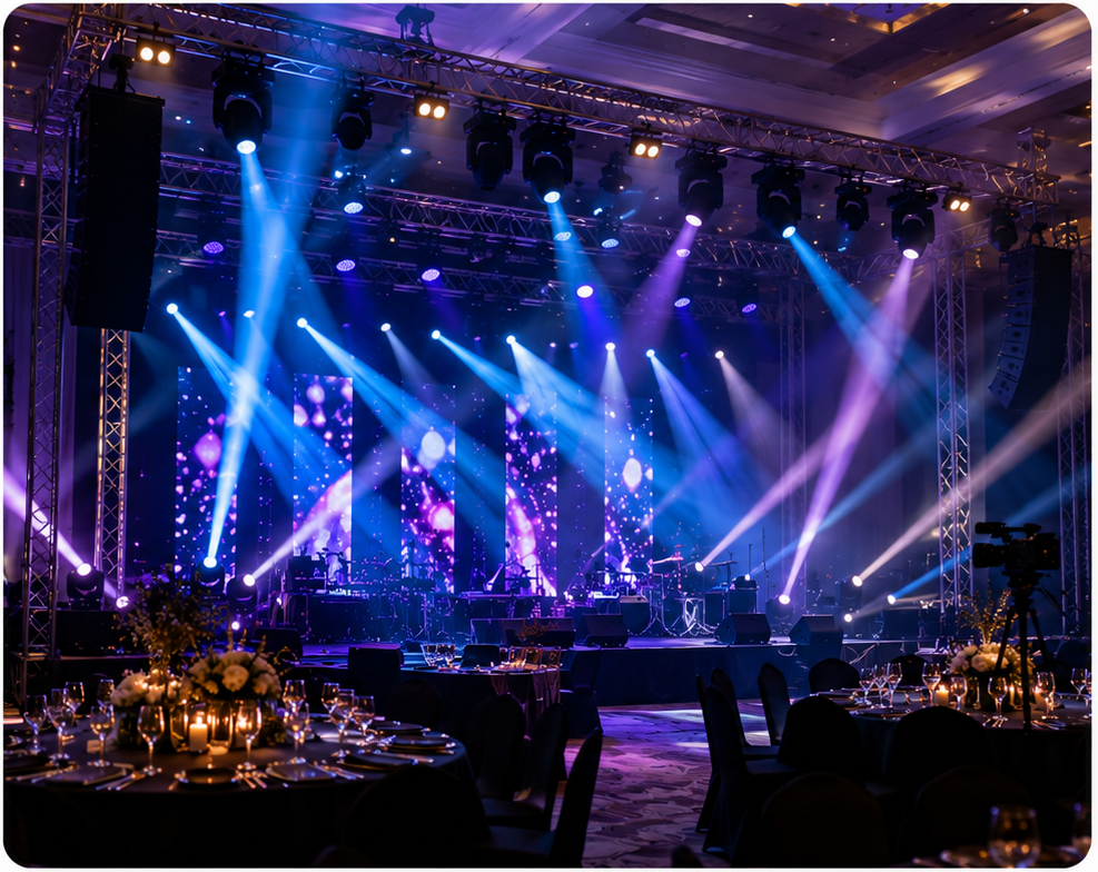 Grand ballroom event with concert stage lighting and elegantly set dining tables
