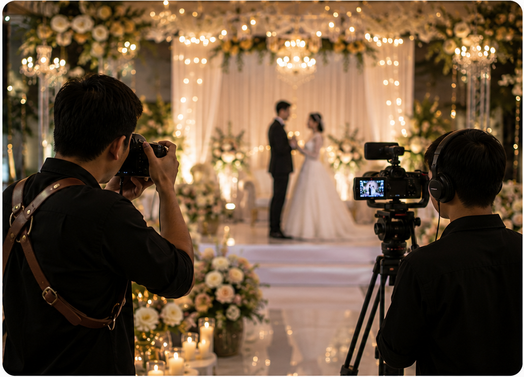 Photographer and videographer capturing a candlelit wedding ceremony