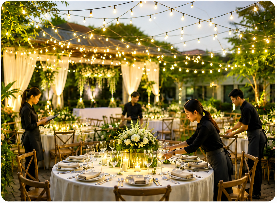 Event crew styling an outdoor dinner table under warm string lights