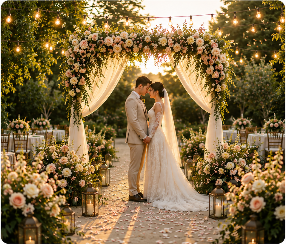 Couple at a golden-hour garden wedding ceremony under a floral arch