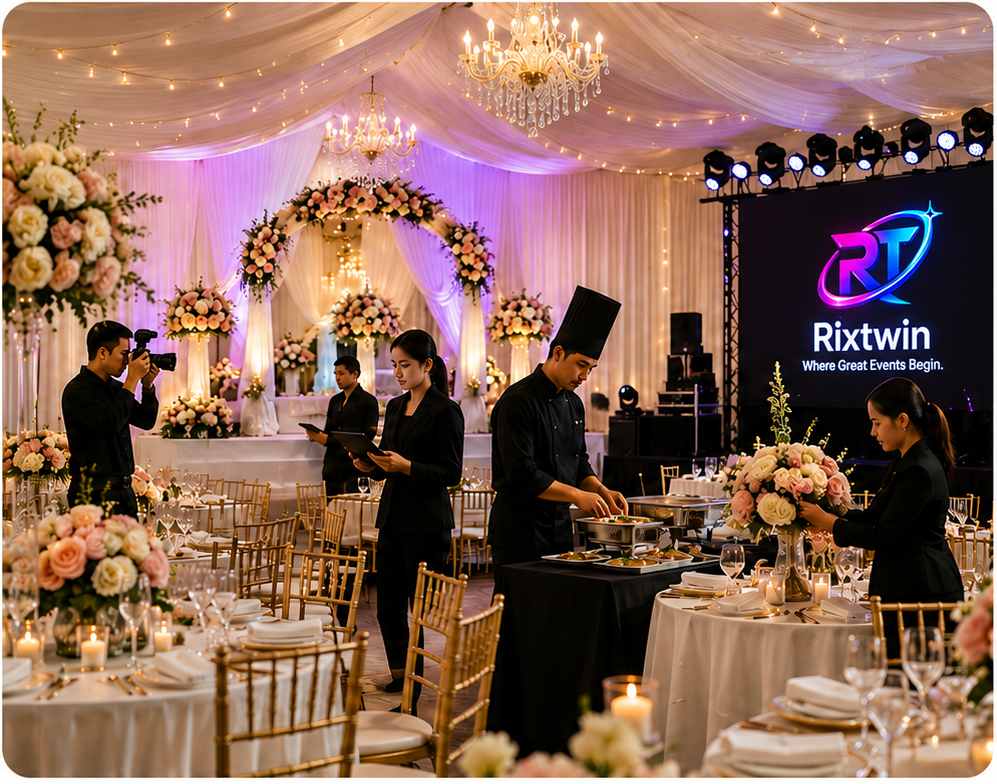 Rixtwin event professionals setting up an elegant banquet celebration