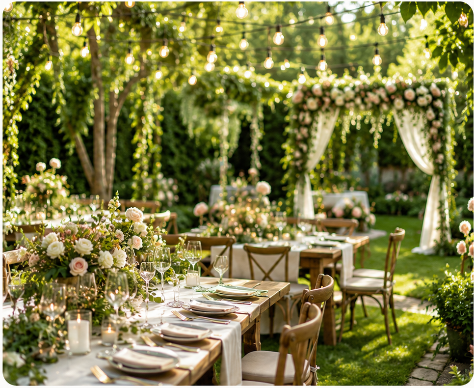 Outdoor garden reception with string lights, floral arch and rustic tables